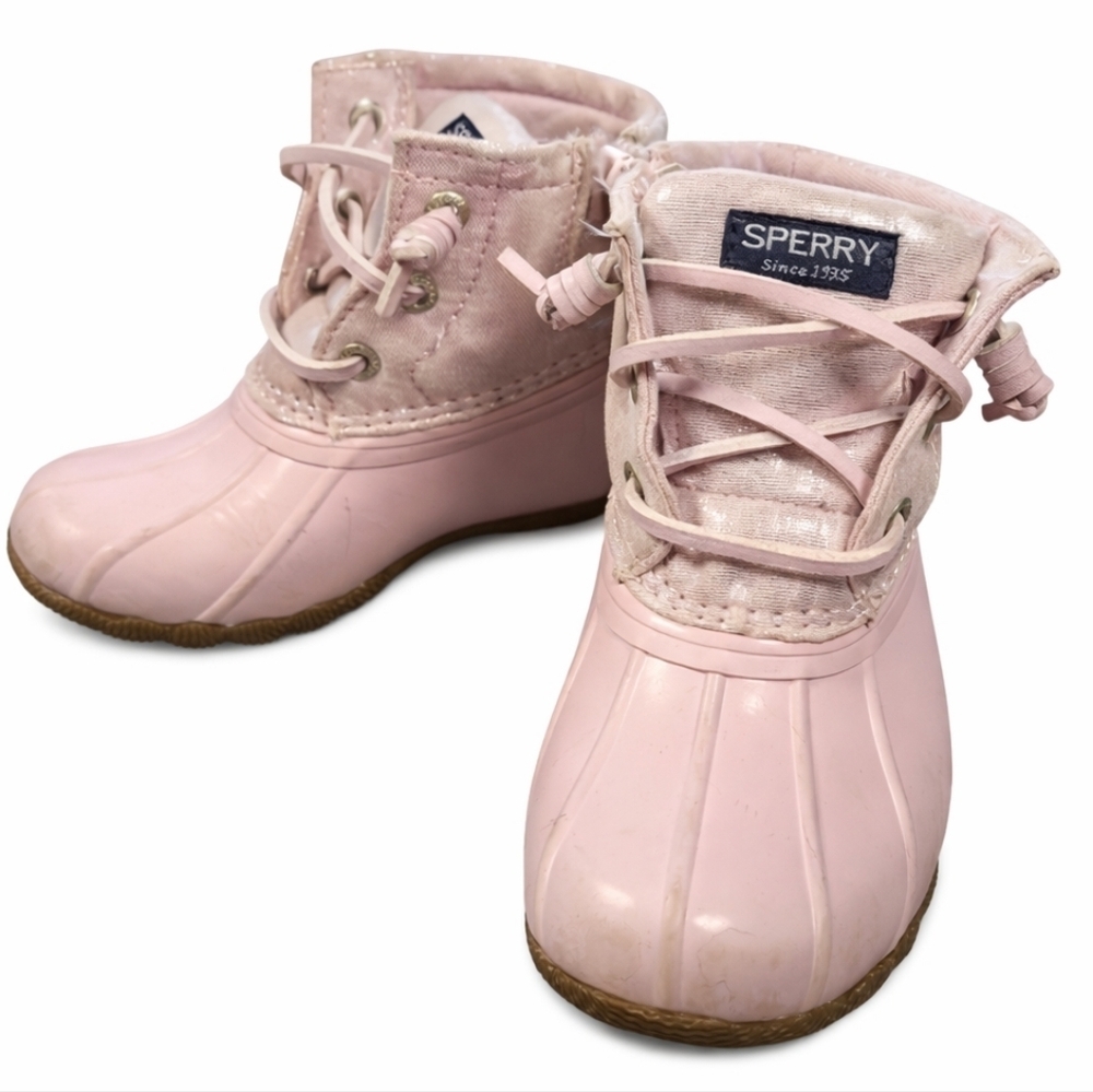 Sperry Kids Pink Glitter Duck Boots Size 8 Waterproof Rain Shoes - Picture 2 of 14